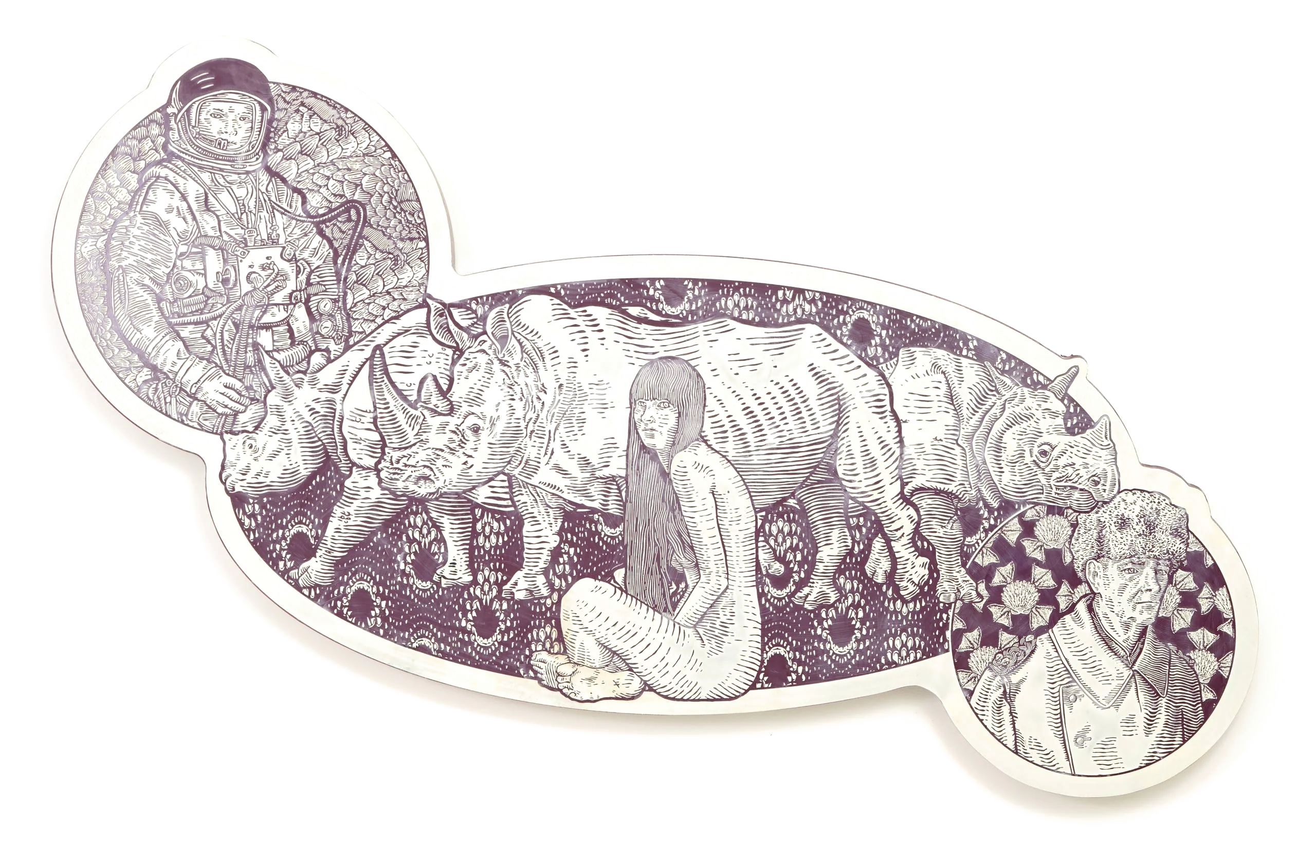 The moment before descent, a horizontal sculptural drawing with rhinoceroses, an astronaut, a seated woman and a portrait.