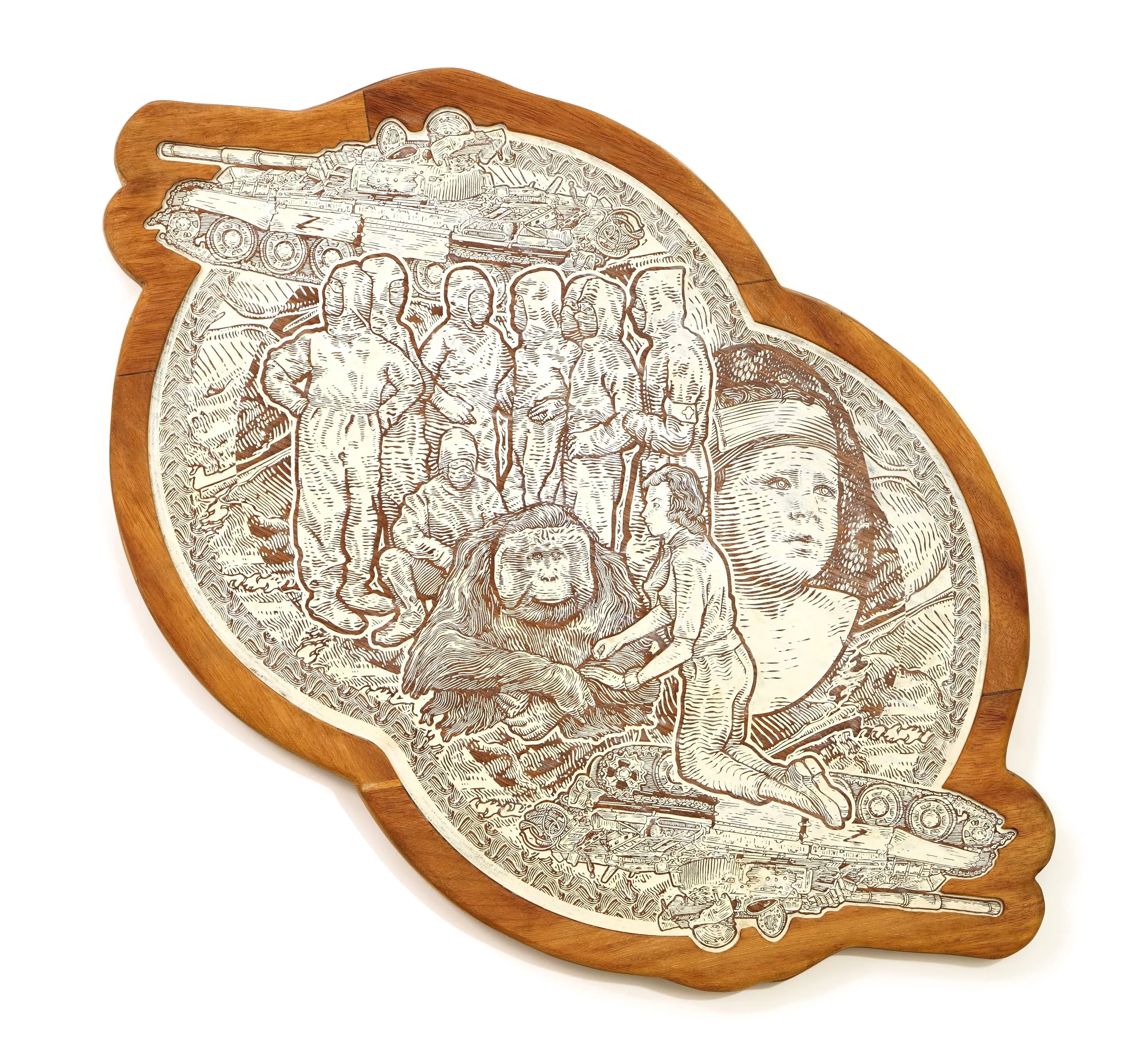 Nothing learned, an irregular sculptural drawing featuring tanks, hooded figures, a lion and a kneeling figure.