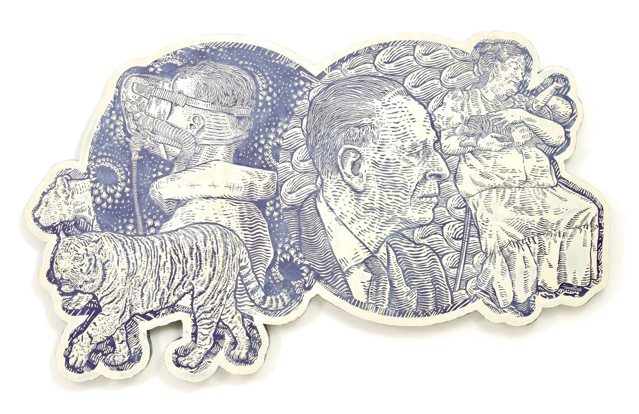 The last custodians (the future cannot save us), a sculptural drawing with a tiger, a headset figure and a family scene.