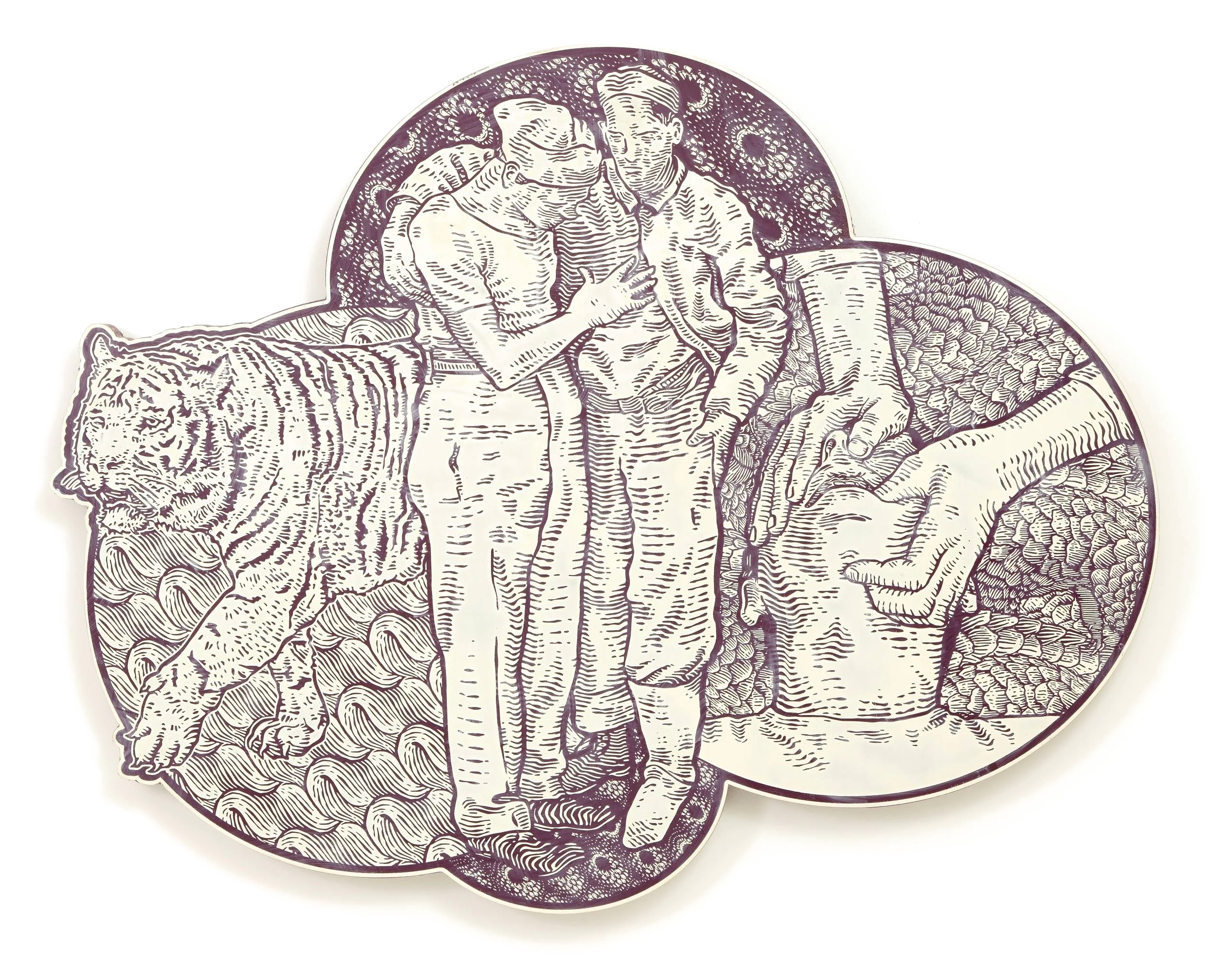What remains of duty, a sculptural drawing with a tiger, an intimate central pair and a medical hand.