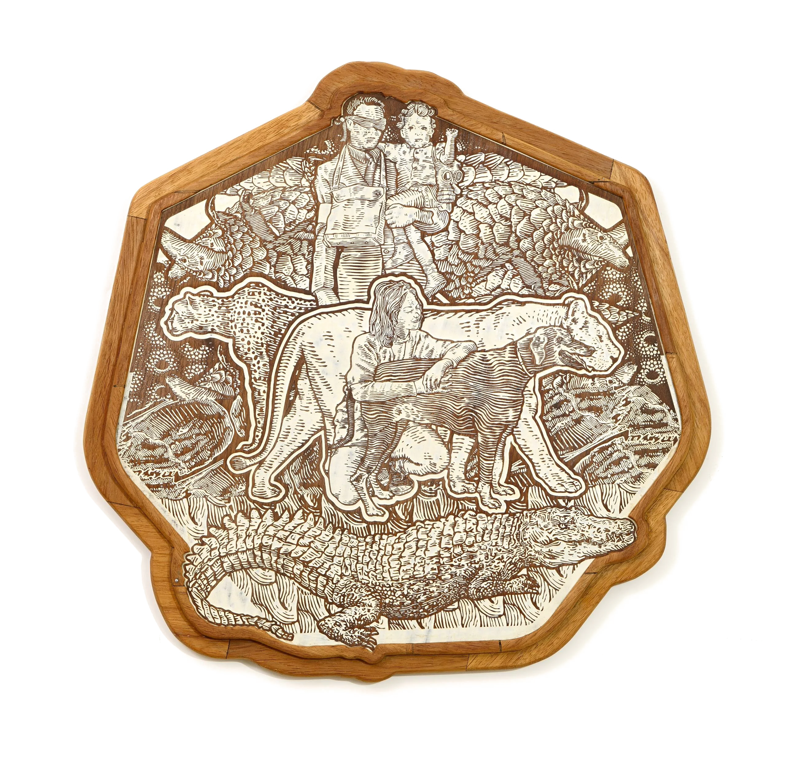 What we keep alive, a wood-framed sculptural drawing with people and animals.